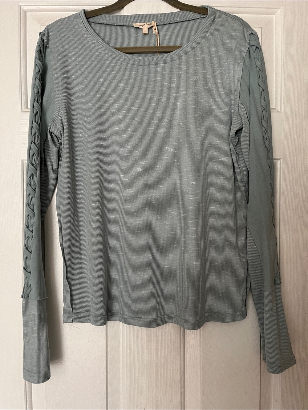 Mystree Ice Blue Long Sleeve Knit Top with Braided Sleeve Detail